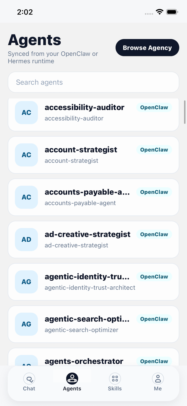 ClawHive app showing agents synchronized from an OpenClaw runtime